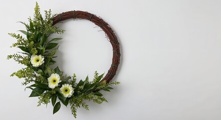 Green theme flower wreath on plain white background