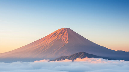 Fototapeta premium serene mountain peak emerging from clouds at sunrise, showcasing vibrant colors and majestic beauty. tranquil scene evokes sense of peace and wonder