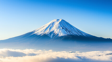 serene mountain peak emerging from clouds, showcasing majestic beauty and tranquility. snow capped summit stands tall against clear blue sky, creating breathtaking landscape