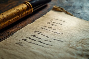 Aged paper, handwritten script, antique pen, wooden surface.