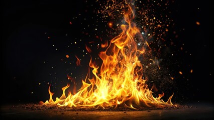 Burning flame isolated over a dark black background, burning, sparks,  burning, sparks