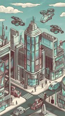 A flat and artistic isometric illustration of a futuristic city with various buildings, vehicles, an