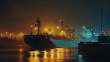 A large cargo ship docked at an industrial port under soft yellow and orange lighting, with a tranquil night sky stretching above, highlighting the elegance of nighttime shipping.
