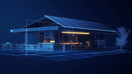 Obraz premium A modern café with solar panels, highlighted by glowing low poly wireframes and sleek lines on a dark blue backdrop, offering ample copy space for brand promotion or eco-friendly marketing.