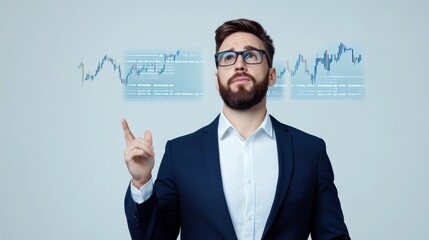 Businessman analyzing data with a thoughtful expression.