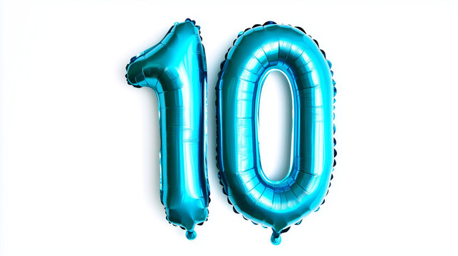 Number 10 foil balloon isolated on a white background
