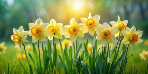 Fototapeta premium A cluster of daffodils swaying gently in the spring breeze amidst a lush carpet of green grass