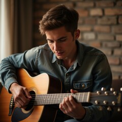 Obraz premium Young man playing guitar with sincere emotion.