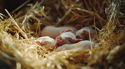 Obraz premium Newborn Piglets Sleeping Peacefully In Hay