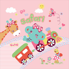 Cute animal vector illustration on a safari train adventure. Cheerful and vibrant wildlife journey.