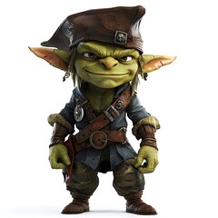 Fototapeta premium A mischievous green goblin pirate, rendered in 3D, stands confidently against a white background, showcasing detailed costume and expression.