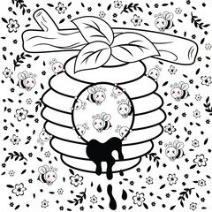 Adorable bee vector enjoying honey surrounded by beautiful floral decorations.