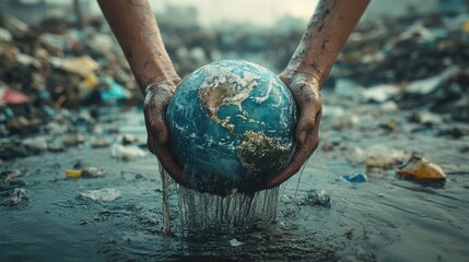 Hands Holding Earth Amid Pollution and Waste in Water Body