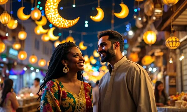 row of golden crescent-shaped decorations hanging above a bustling outdoor bazaar