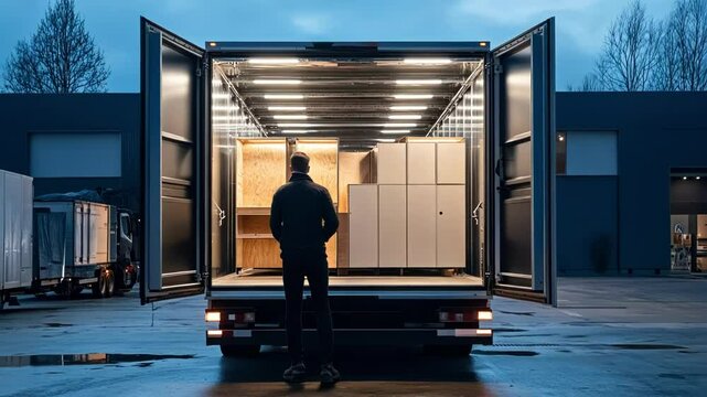 A person stands at the back of a truck filled with cargo at night.