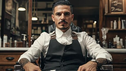 A confident barber posing in a vintage barbershop setting.