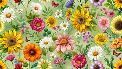 Seamless pattern with original summer flowers featuring a mix of colorful blooms including sunflowers daisies and cosmos against a soft green background, nature-inspired design, botanical print