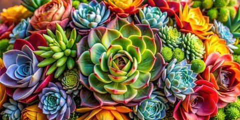 Fototapeta premium Vibrant colorful succulent flowers arranged in a beautiful bouquet with lush green foliage and textured leaves, colorful