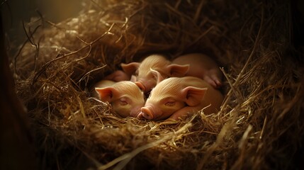Three Piglets Snuggle Warmly In Hay Nest