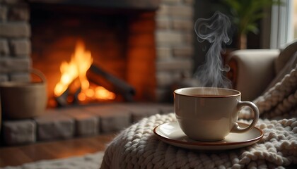 Fototapeta premium A cozy living room with a fireplace, featuring a mug of steaming hot tea, a comfortable chair, and a soft woolen blanket, creating a warm and inviting atmosphere on a chilly winter day
