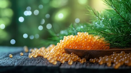 Close up view of a golden honeycomb dripping with fresh organic honey on a wooden surface with blurred green foliage in the background