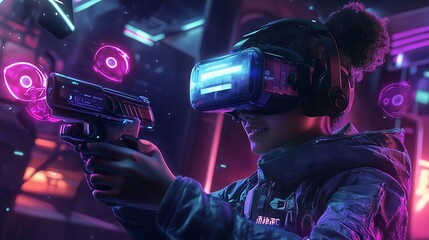 A person wearing a VR headset n a neon-lit environment with floating holographic screens, exploring a futuristic virtual world. Perfect for VR and technology enthusiasts