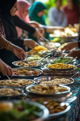Buffet table, diverse food, people serving themselves.