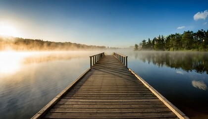 Obraz premium A peaceful pier extending into a calm lake with mist rising in the morning light.