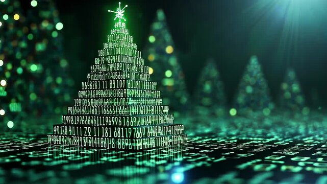 A glowing digital Christmas tree made of binary code.