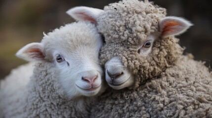 two lamb baby sheep cuddle at outdoor grass field 