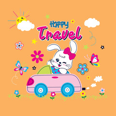 Adorable girl animal vector driving a car through a vibrant flower garden. Whimsical and cheerful journey.