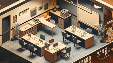 A flat and artistic isometric illustration of a modern office space with grain noise.