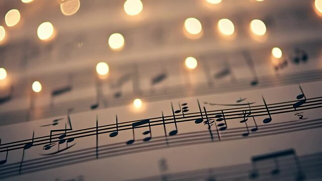 Close-up of sheet music illuminated by soft, glowing lights.