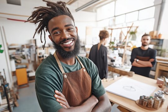 Portrait of a smiling african american craftsman standing with arms crossed in his workshop, colleagues working in background