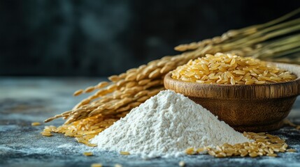 Wooden bowl filled with golden uncooked rice grains and wheat ears on a rustic textured background  Concept of healthy organic natural ingredients and nutrition