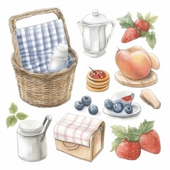 A whimsical watercolor depicting a retro picnic basket with gingham fabric  surrounded by an array of vintage accessories including plates  cups  a kettle  napkins