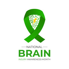 National Brain Injury Awareness Month is March Banner design template. Green ribbon with Human brain and stethoscope vector isolated on a white green colour background.