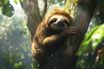 Naklejka premium Sloth in Rainforest Canopy: A Digital Painting