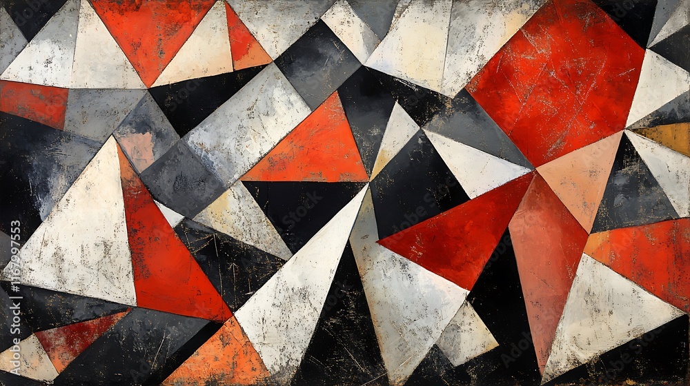 Poster modern abstract texture with overlapping triangle shapes in varying sizes and angles, forming a bold