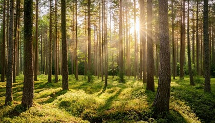 Fototapeta premium A serene forest clearing with sunlight streaming through tall pine trees.