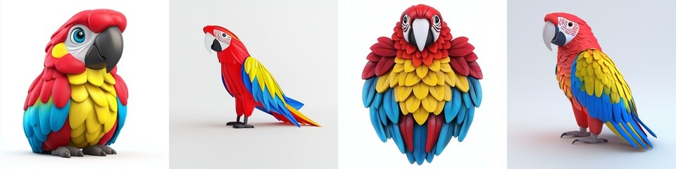 Obraz premium Colorful, detailed parrot sculptures showcasing vibrant red, blue, and yellow feathers from various angles.