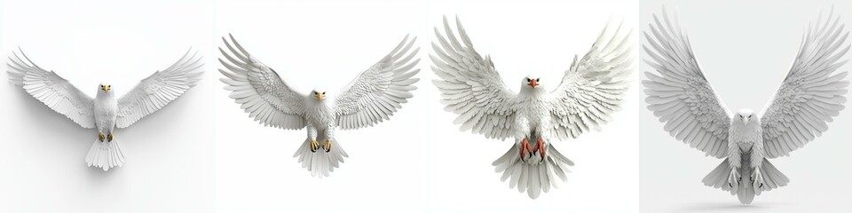 Obraz premium A series of four white birds with wings spread, showcasing elegance and freedom against a minimalist background.