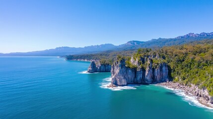 Obraz premium Aerial view of rugged coastal cliffs and clear blue waters.