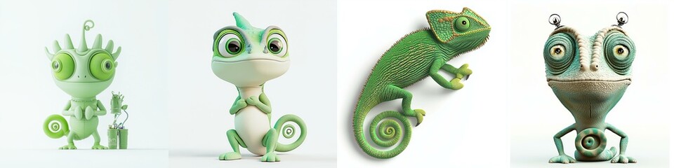 Obraz premium Four whimsical green chameleons with playful designs, showcasing unique patterns and characteristics, set against a plain background.