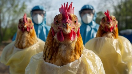 Protective suit workers culling chickens farm location photo rural environment close-up view animal health crisis
