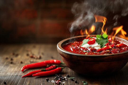 A steaming bowl of fiery red chili loaded with spicy peppers, garnished with fresh cilantro and a drizzle of sour cream, with copy space. Warm glowing light.