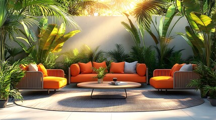 Relaxing outdoor lounge setup tropical garden interior design serenity