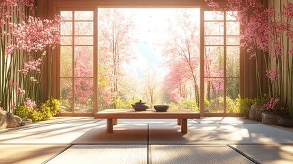 Tranquil cherry blossom scene in japanese floral interior design