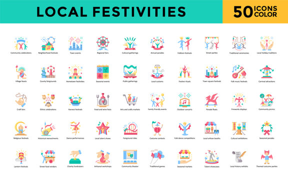 Local festivities icon set with community celebrations, neighborhood festivals, town events, regional fairs, cultural gatherings, annual parades, folklore festivals icon. Simple flat color vector 
