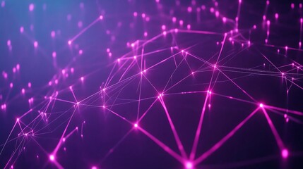 Minimalistic network of glowing magenta nodes forming abstract geometric shapes on a navy blue background, featuring high-tech digital connections with futuristic depth.